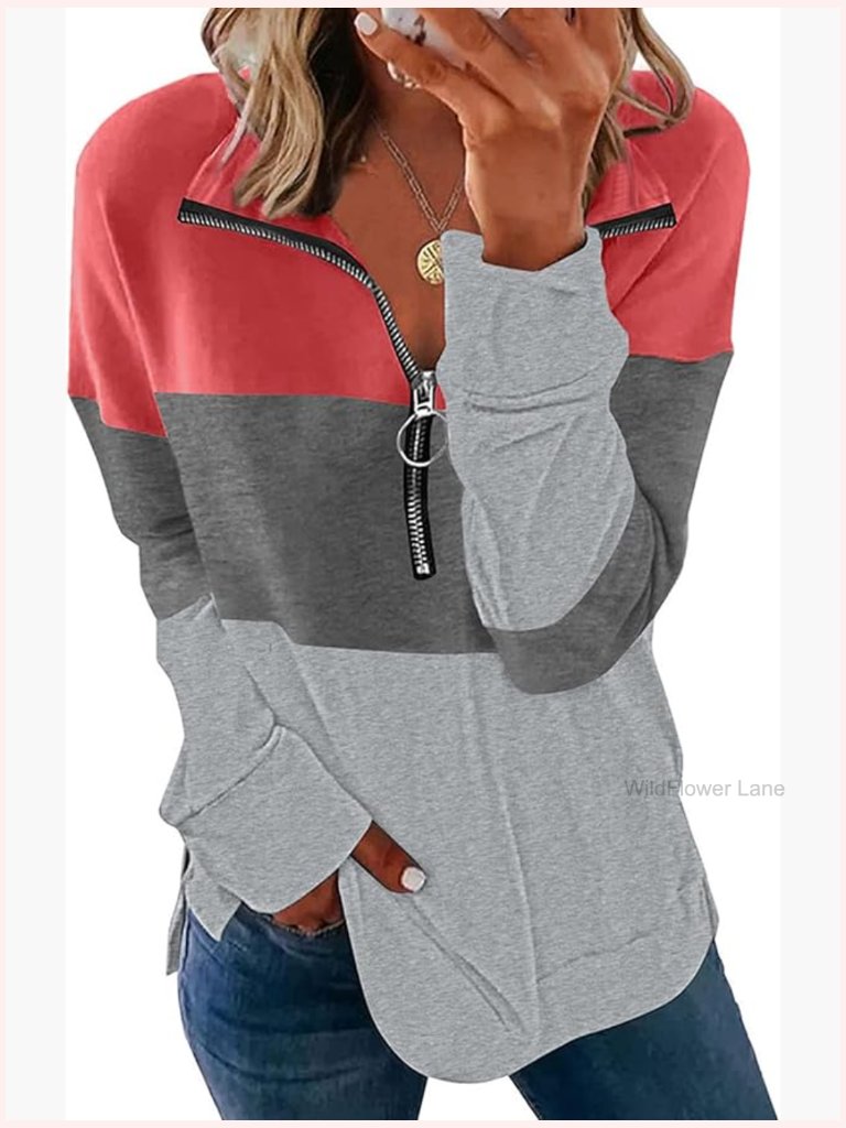 Crewneck Pullover Sweatshirt Color Block Loose Long Sleeve Top